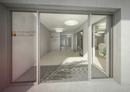 Proplaning-Architektur-Psychiatrie-Baselland-Eingang-morph-3D-Visualisierung