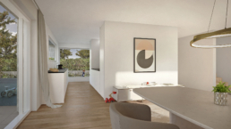 Bele-Architekten_Einfamilienhaus-Nägelistrasse-Beinwil-am-See_Innen-Küche-Panorama-Fenster-morph-3D-Visualisierung